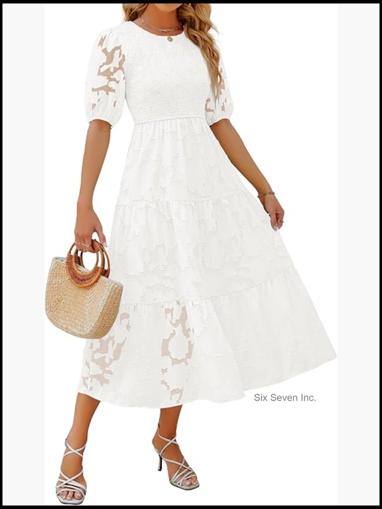Polyester Smocked Maxi Dress With Floral Lace And Puff Sleeves